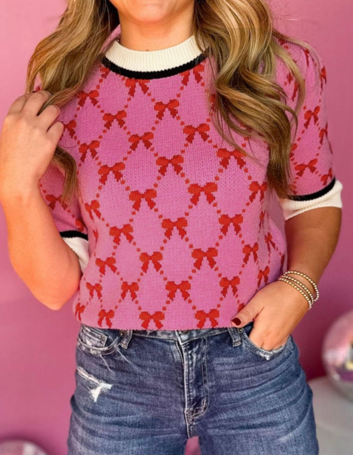 Red,pink bow print knitted top